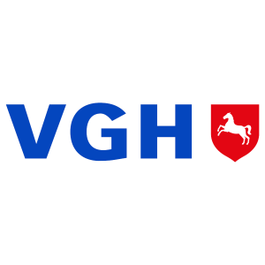 The three blue letters V G H of the insurer group Hannover with the state coat of arms of the federal state lower saxony, a white horse on a red shield